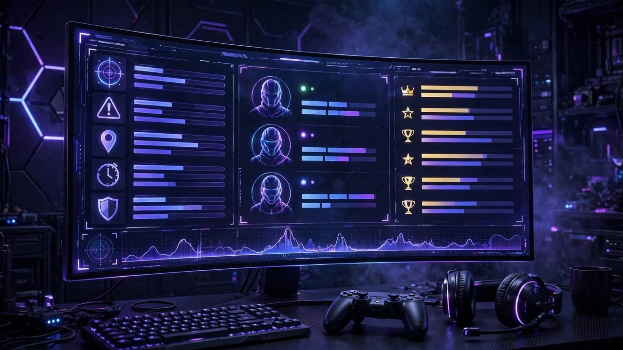A gaming setup with a curved monitor displaying a Fortnite-style stats database dashboard with player profiles and leaderboards.