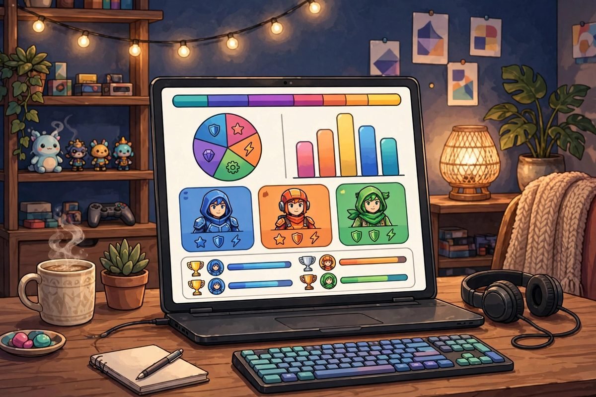 A laptop showing a colorful video game statistics dashboard with charts, character profiles, and rankings.