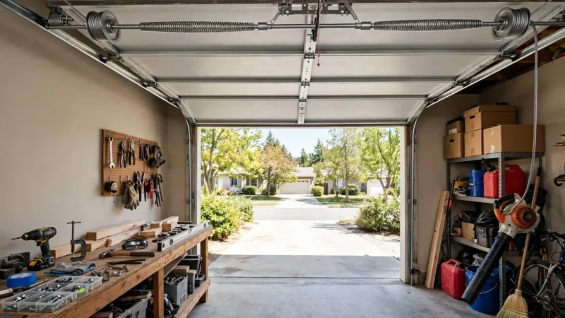 An open residential garage with a raised sectional door and the torsion spring shaft and cable drums visible above it.