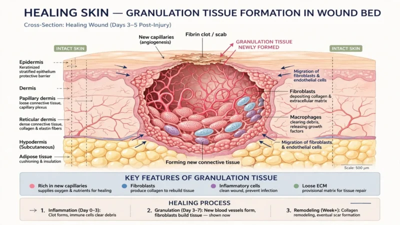 A medical illustration of granulation tissue forming in a healing wound bed.