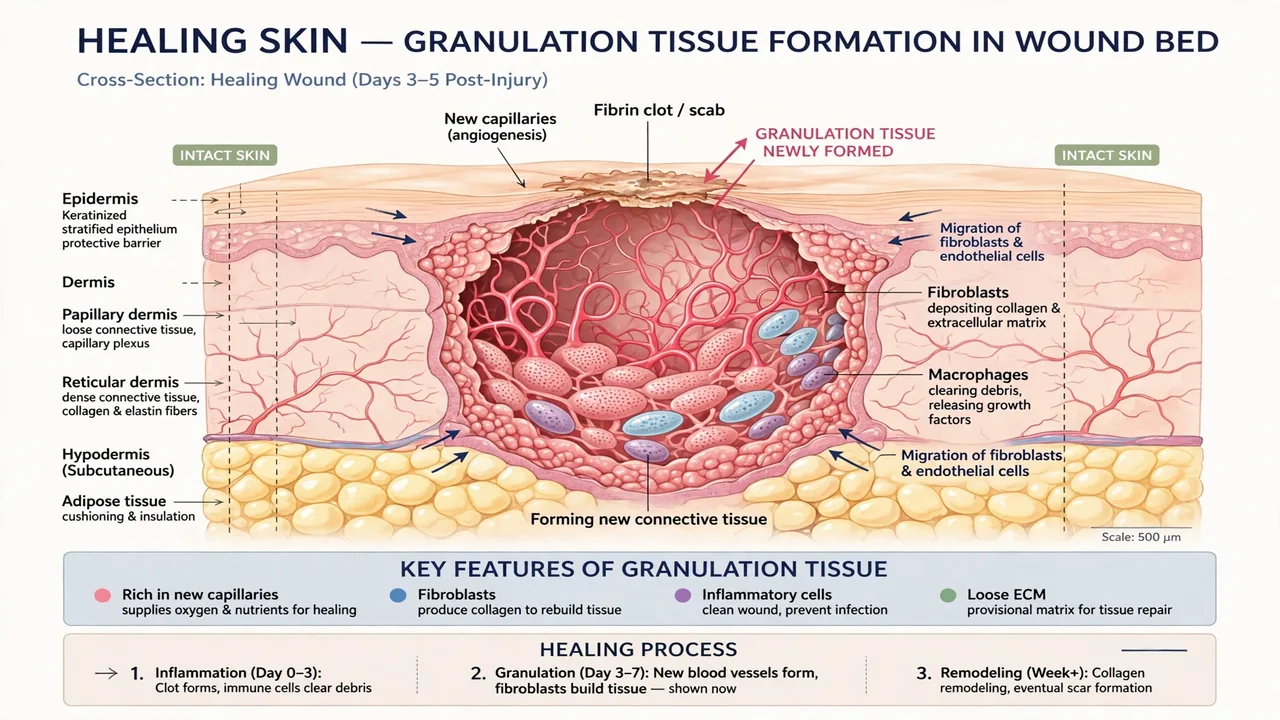 A medical illustration of granulation tissue forming in a healing wound bed.