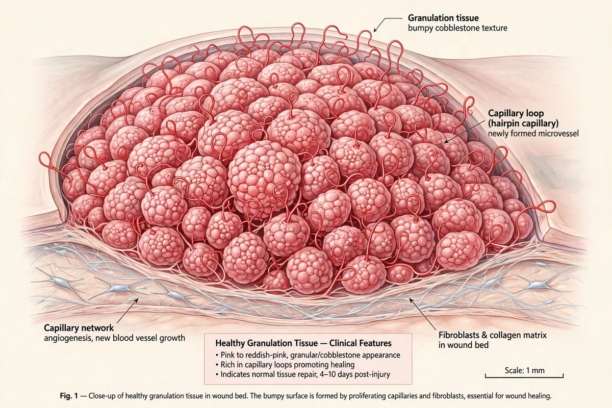 A close-up illustration of healthy pink granulation tissue with a bumpy, cobblestone-like texture.