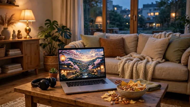 A laptop on a coffee table displaying colorful anime art in a cozy living room at dusk.