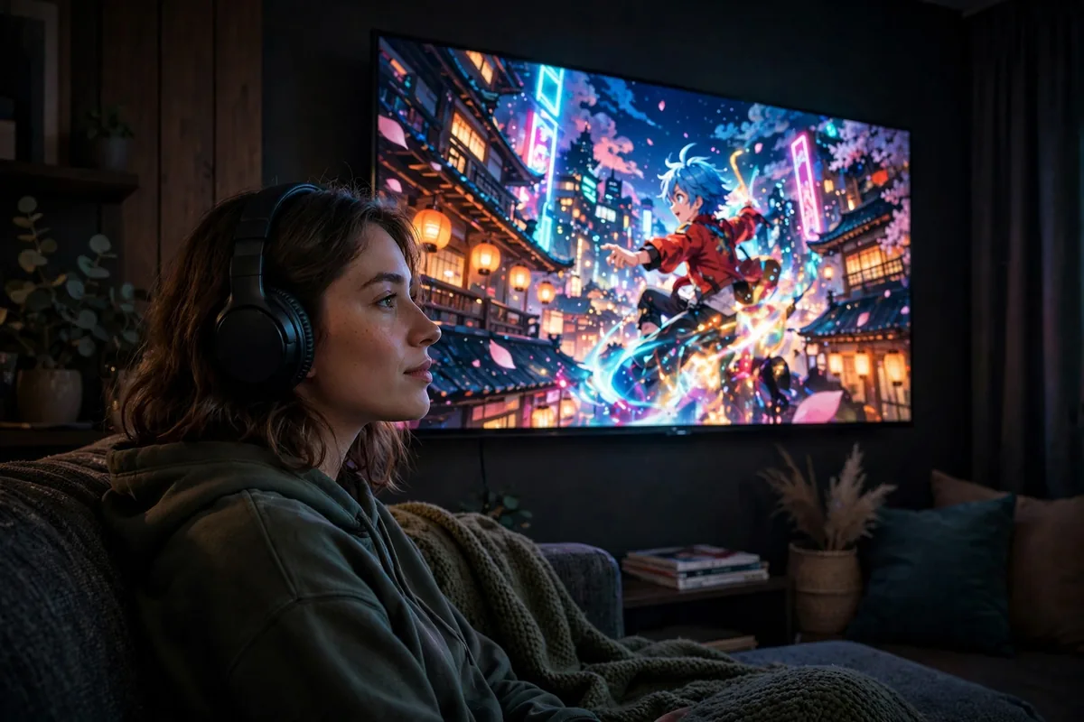 A person watching anime on a large TV in a dark room, with a vibrant anime scene on screen