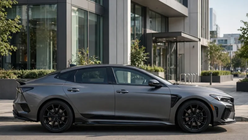 A sleek modern midsize sedan with sporty black accents parked in front of a modern building, representing the 2026 Honda Accord