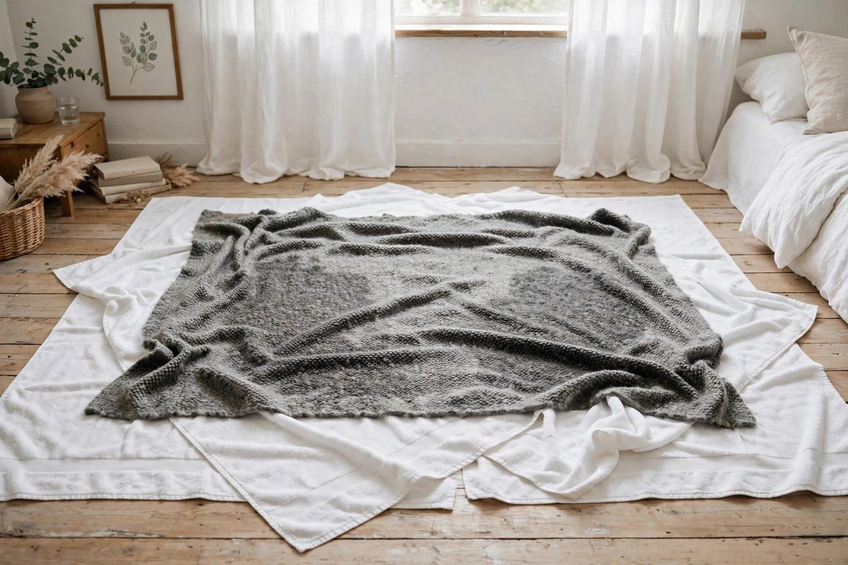 A damp wool blanket laid flat to dry on clean white towels in a bright bedroom.