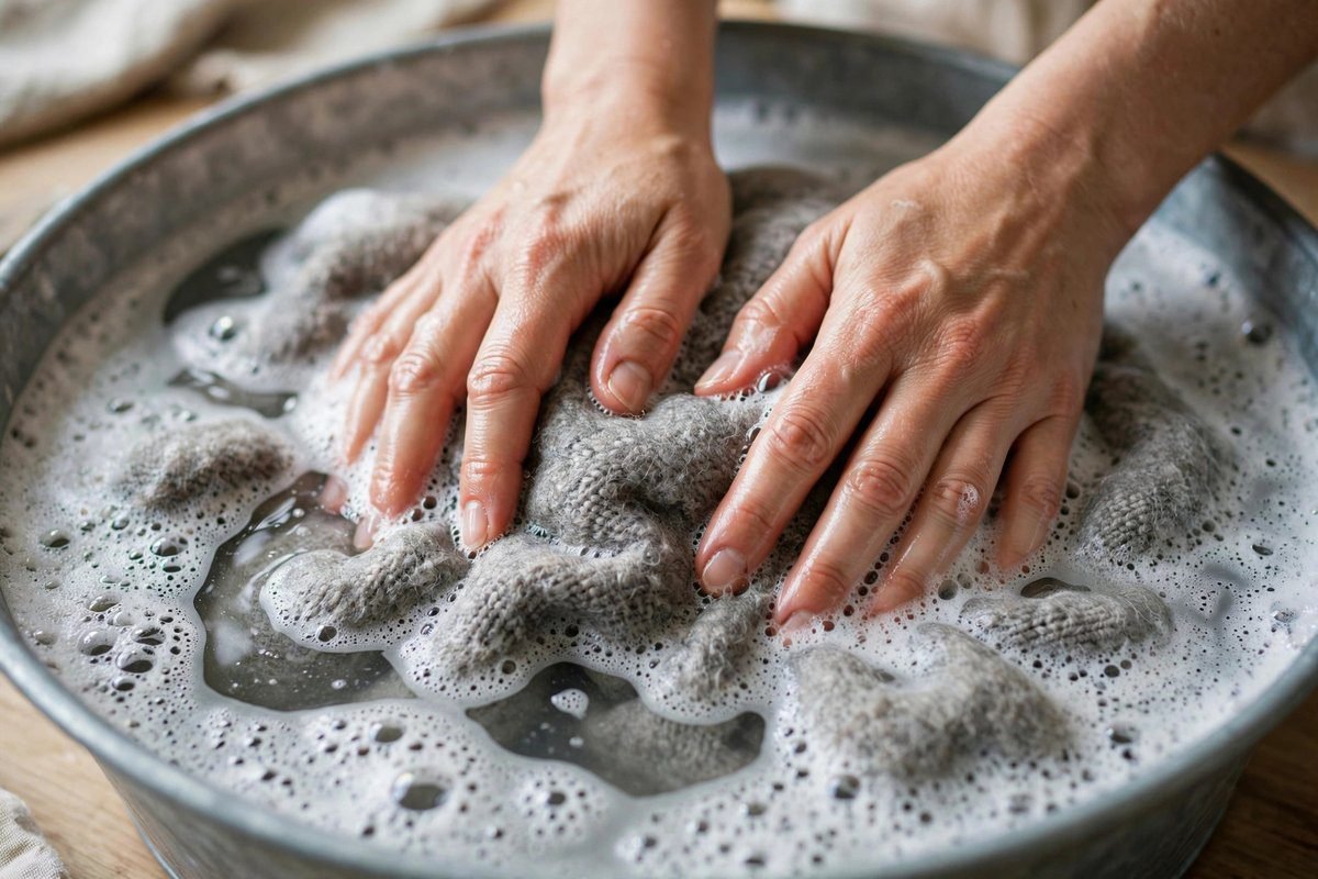 Hands gently pressing a wool blanket in a basin of soapy water during hand washing.