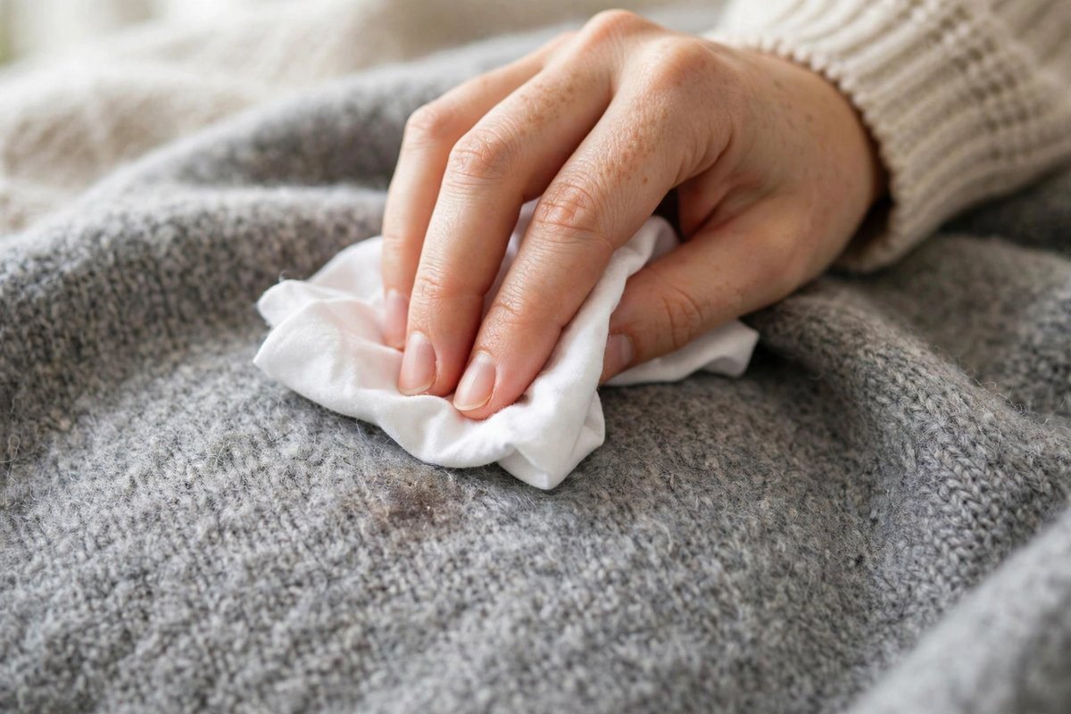 A hand gently blotting a small stain on a gray wool blanket with a clean white cloth.