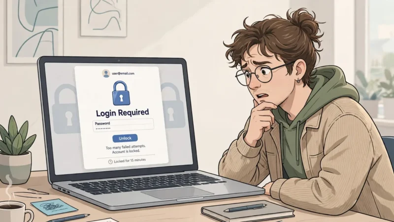 A laptop showing a locked login screen with a padlock symbol, with a person looking puzzled beside it.