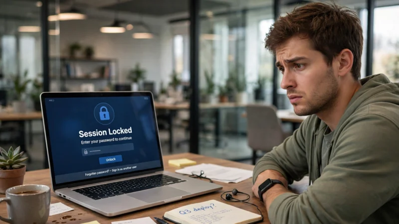 Laptop showing a locked login screen representing HTTP error 401 unauthorized access