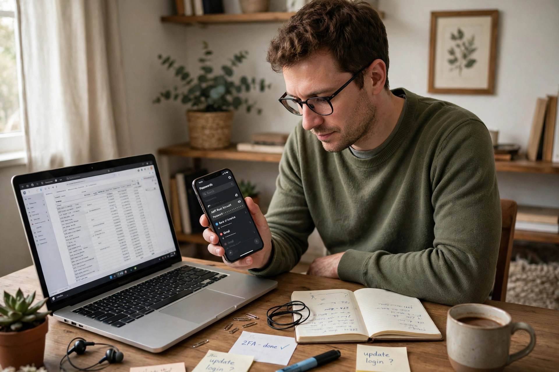 Person checking login credentials on a phone while working at a laptop
