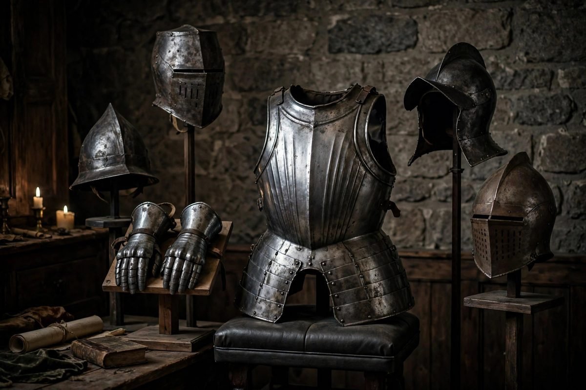 Medieval armor pieces and helmets displayed on stands in a collector's room, including a breastplate, helmets, and gauntlets.