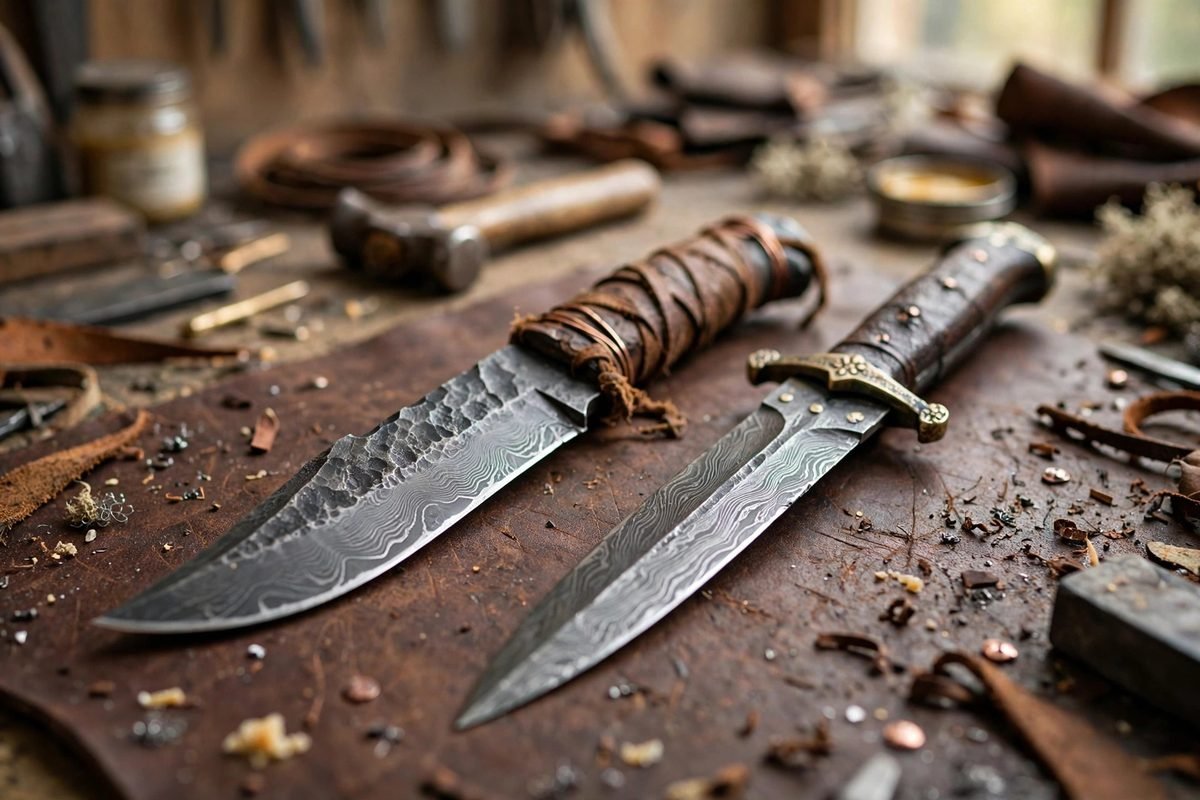 Close-up of hand-forged historical knife and dagger blades with detailed craftsmanship on a leather workbench.