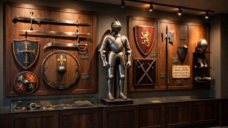 A collector's display wall with medieval swords, shields, and a full suit of armor arranged in a dramatic showroom.