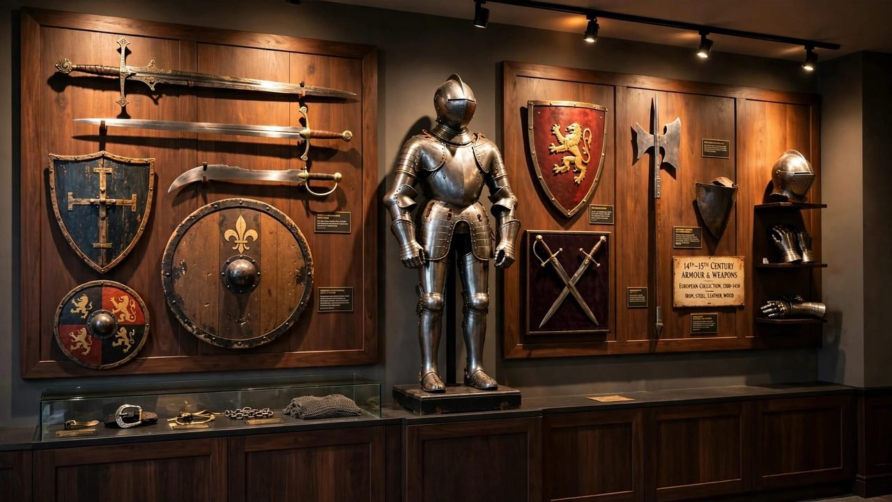 A collector's display wall with medieval swords, shields, and a full suit of armor arranged in a dramatic showroom.