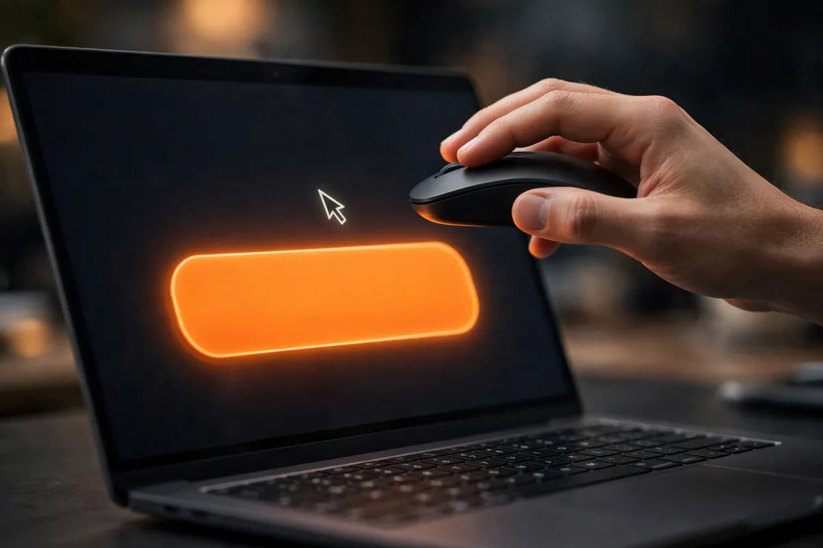 A visitor's hand moving a mouse toward a glowing call-to-action button on a laptop screen.