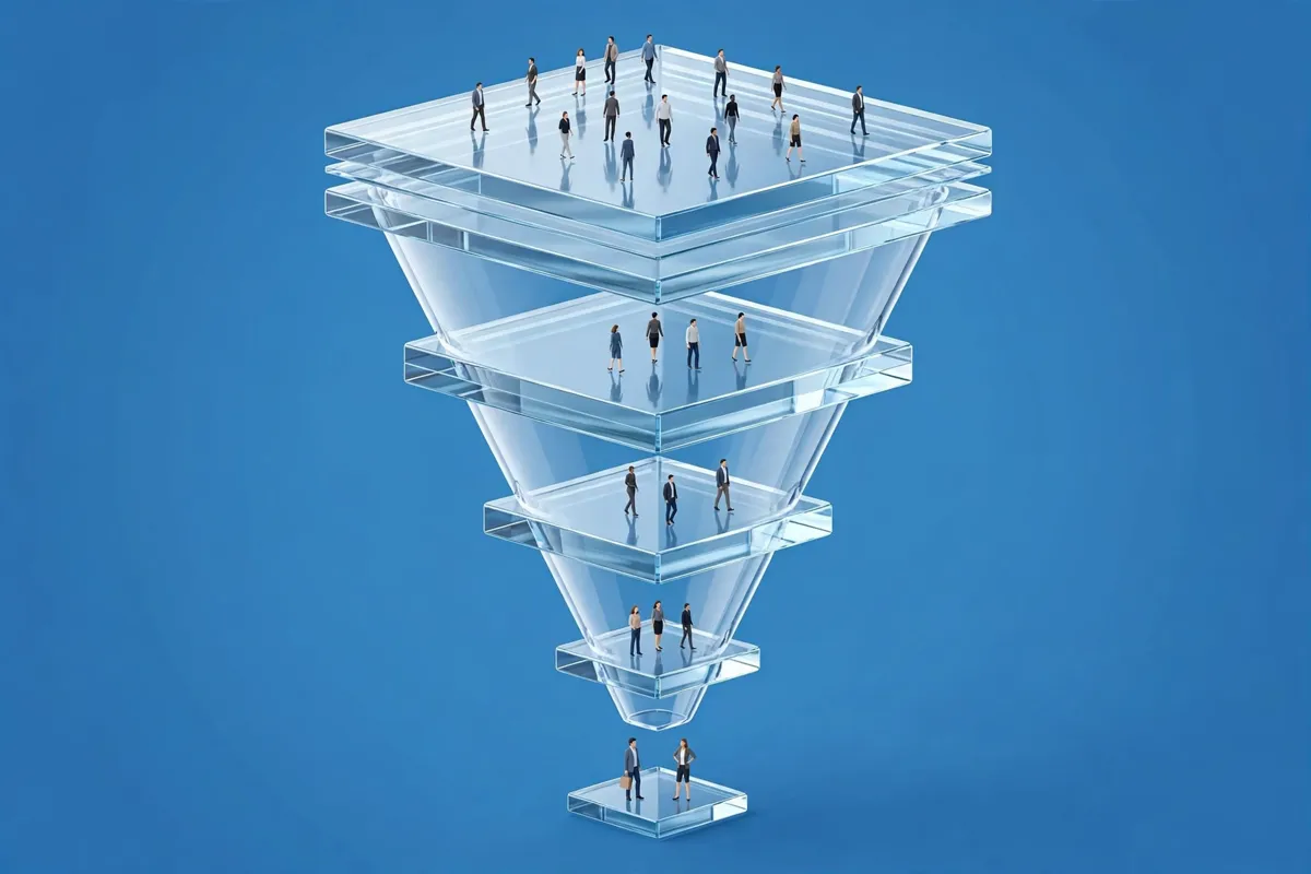 A visual marketing funnel showing many visitors entering at the top and a smaller number converting into customers at the bottom.