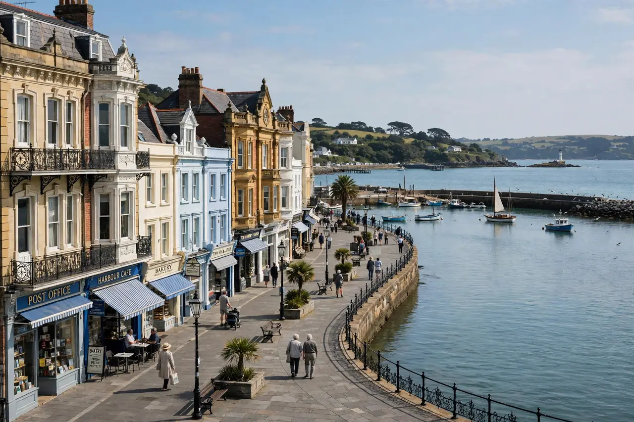 A seaside promenade with Victorian buildings along a curved bay in Douglas, the capital of the Isle of Man.