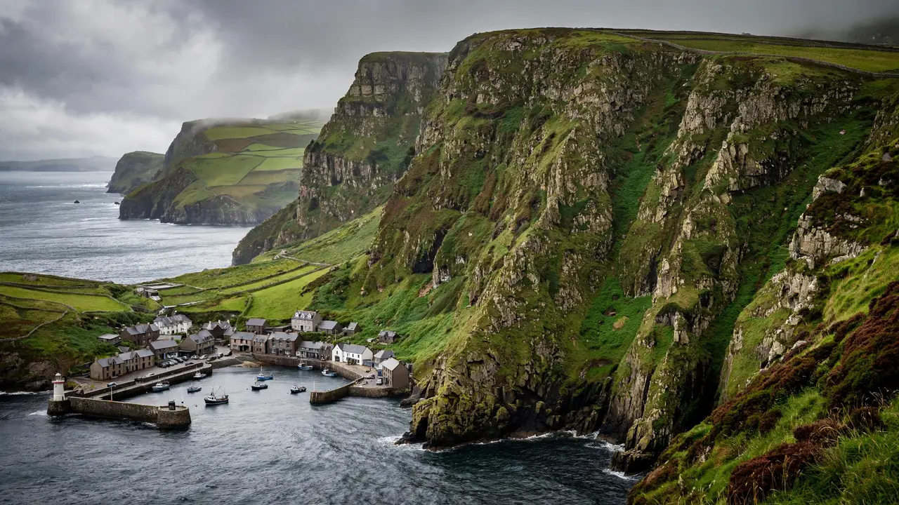 A green island coastline with steep cliffs and a small harbor town beside the sea in the location Isle of Man.
