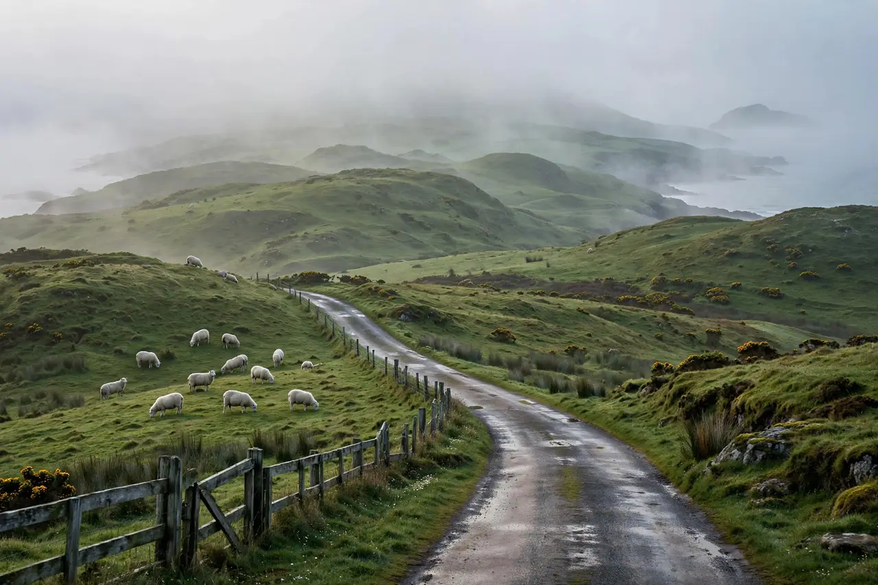 Rolling green hills and a quiet country road on the Isle of Man with sheep grazing.