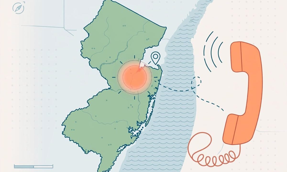 Map of New Jersey highlighting the central and southern region covered by area code 609