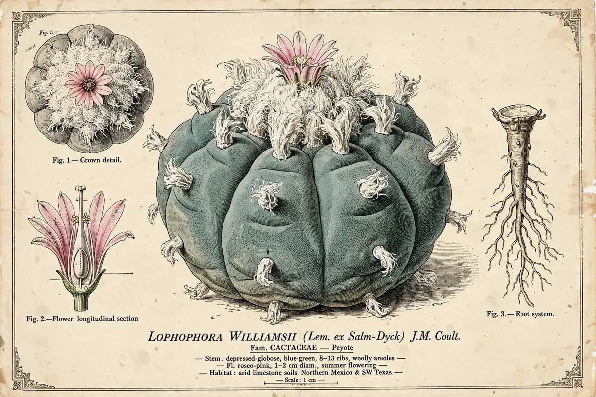 A botanical illustration of Lophophora williamsii with its round ribbed body and small pink flower.