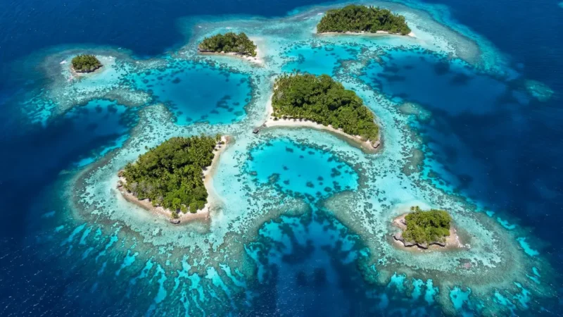 An aerial view of small green Lucipara islands surrounded by turquoise water and coral reefs in the Banda Sea.