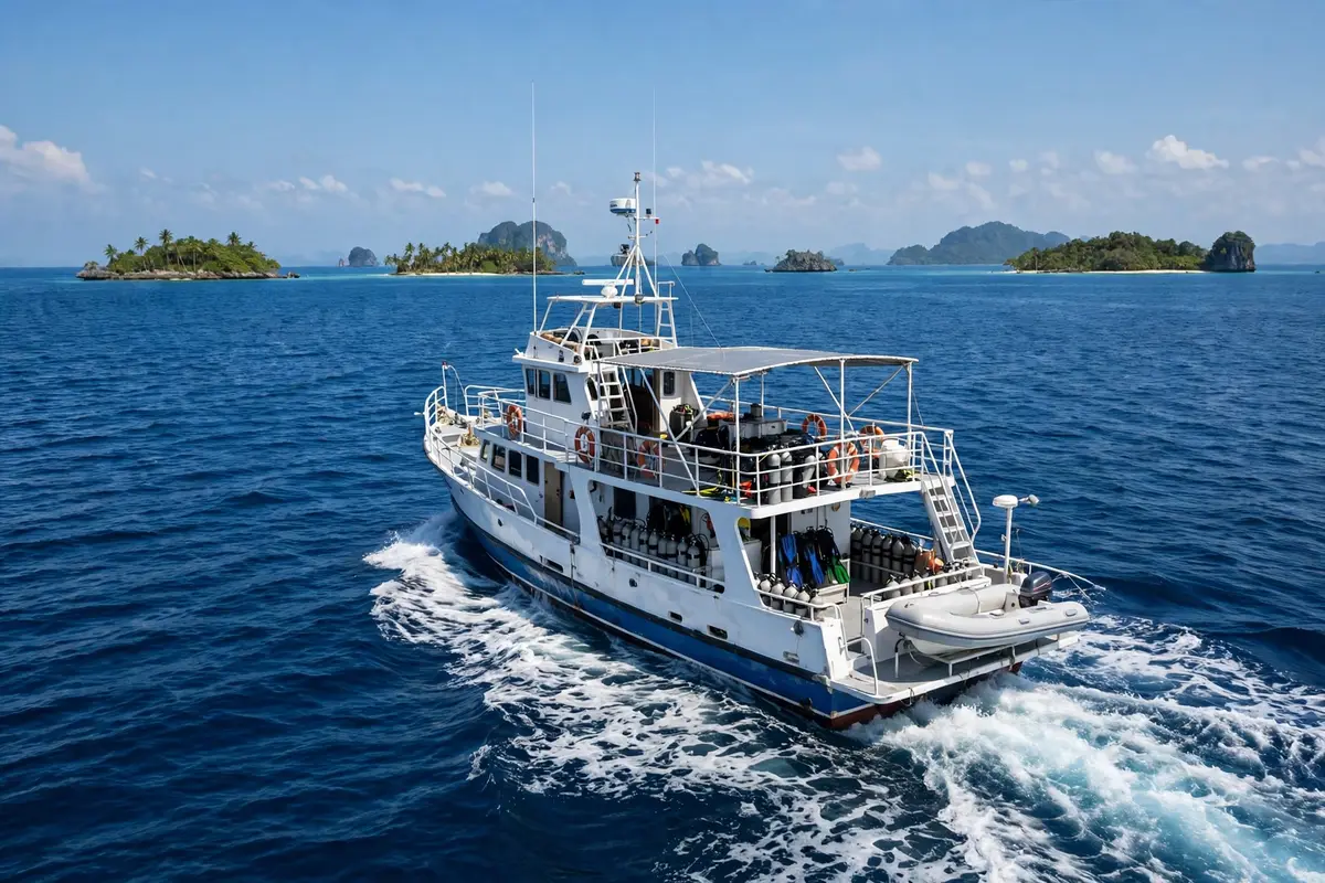 A liveaboard boat sailing across open Banda Sea water toward the remote Lucipara Islands.