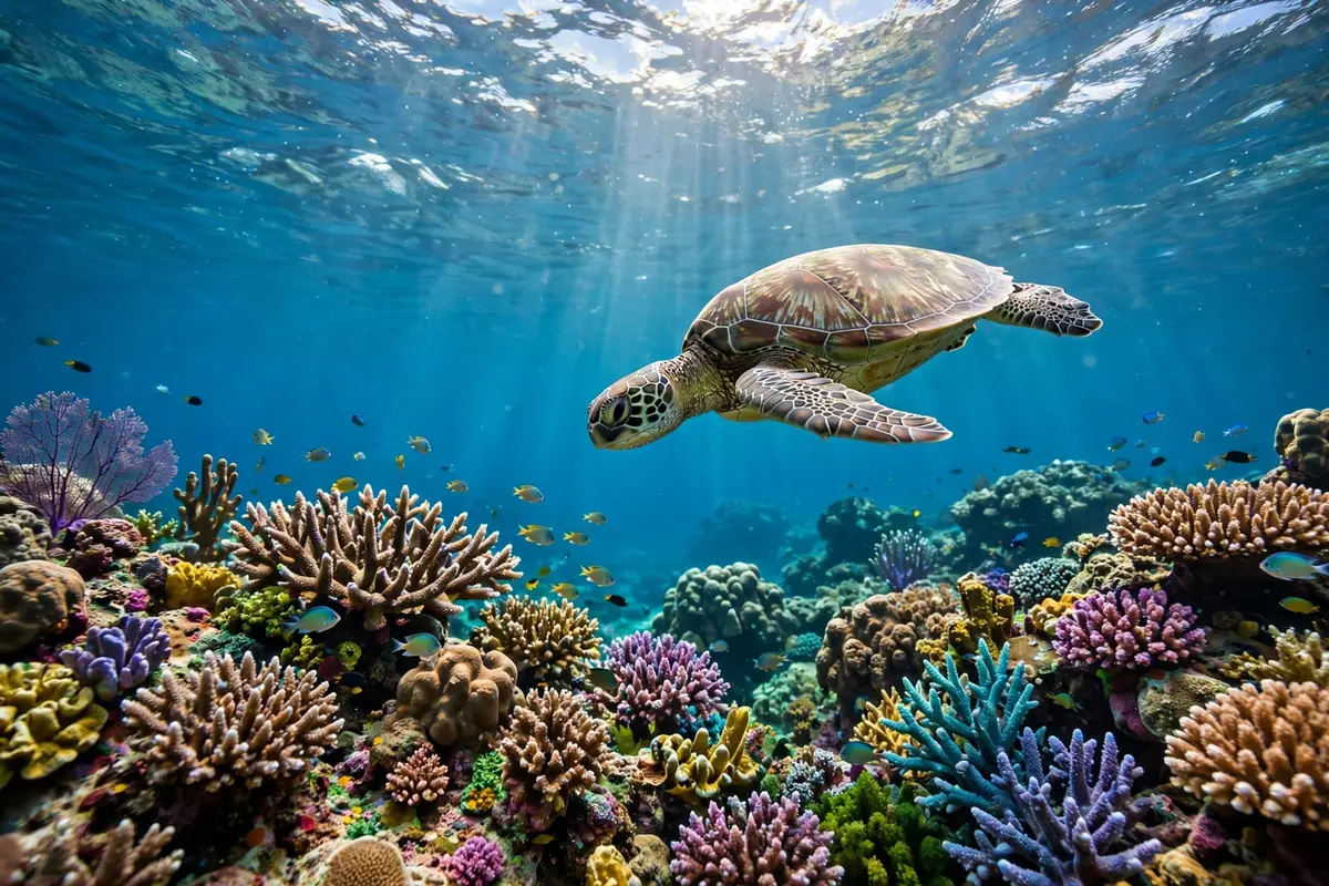 A sea turtle swimming over a healthy coral reef near the Lucipara Islands in Indonesia.