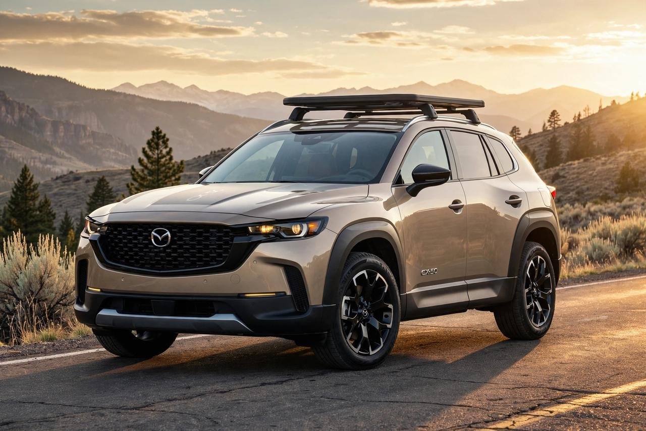 Mazda CX-50 crossover SUV shown in a front three-quarter view at golden hour with mountains behind it.