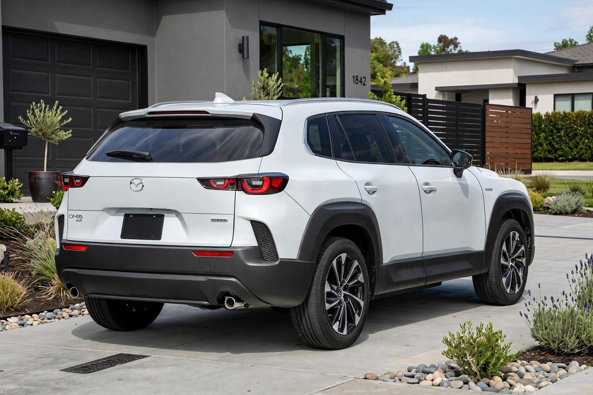 Rear view of the Mazda CX-50 Hybrid parked in a suburban driveway showing its LED taillights.