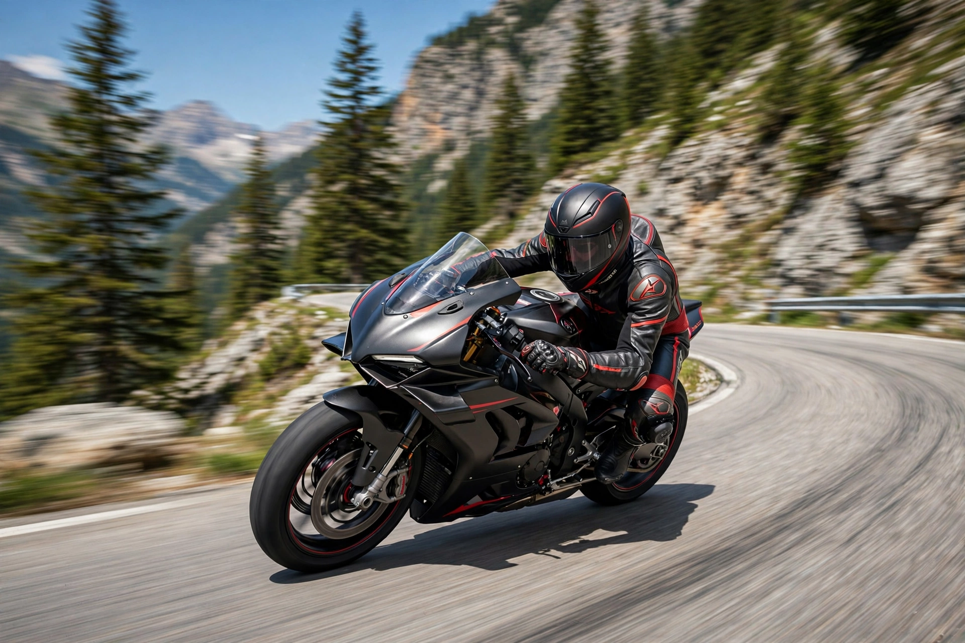 rider leaning a superbike through a mountain curve
