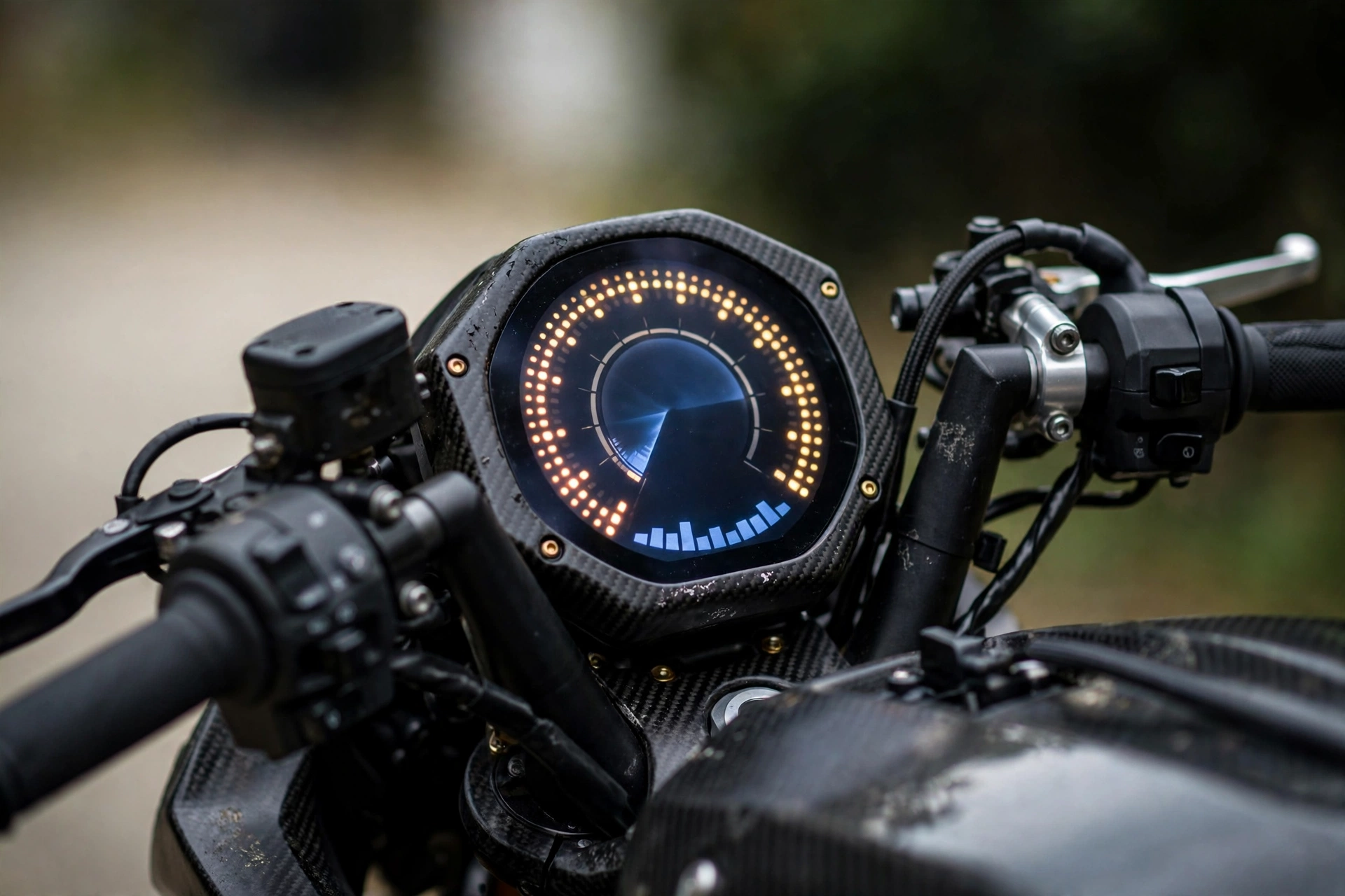 superbike digital dashboard and handlebars close-up