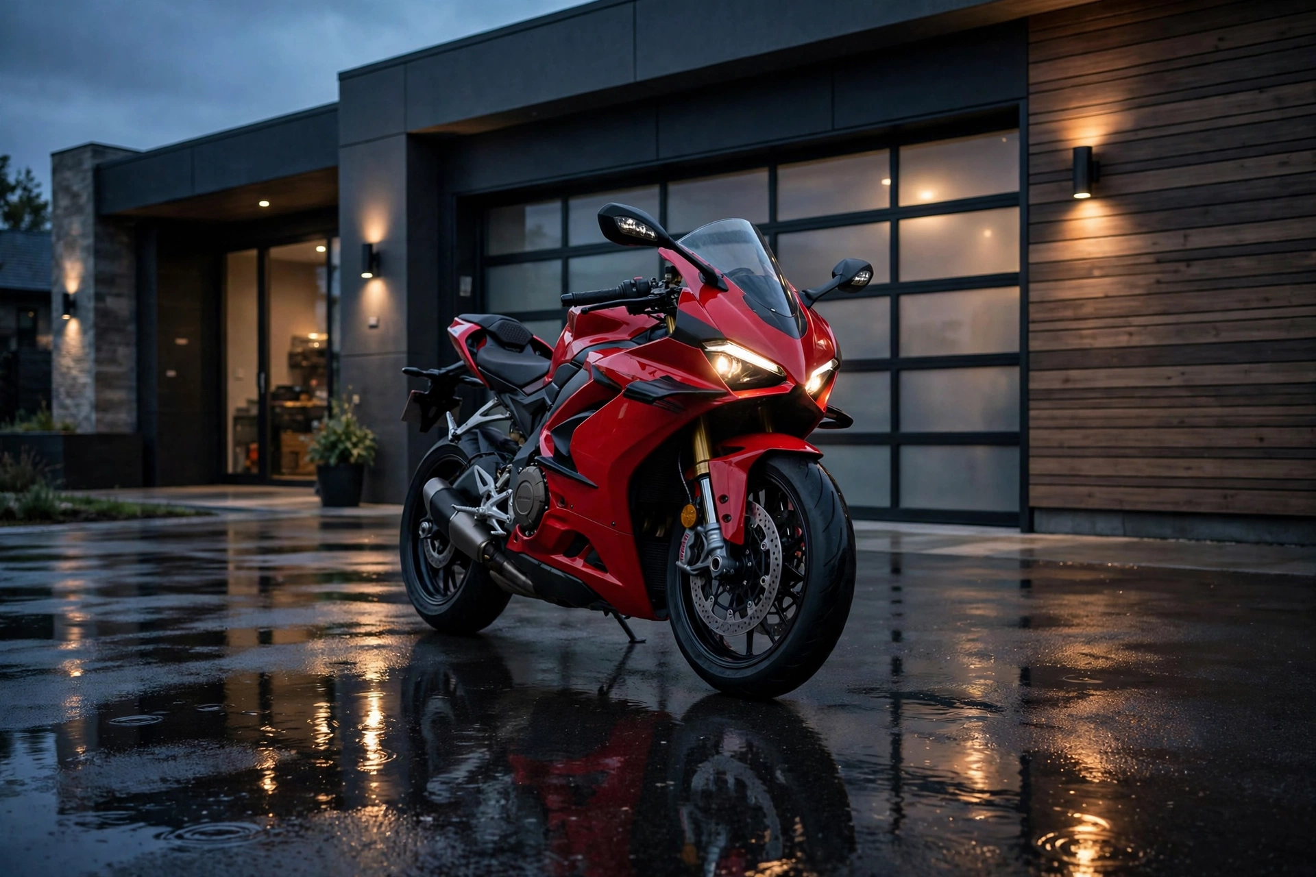 red sport motorcycle parked in front of a garage at dusk