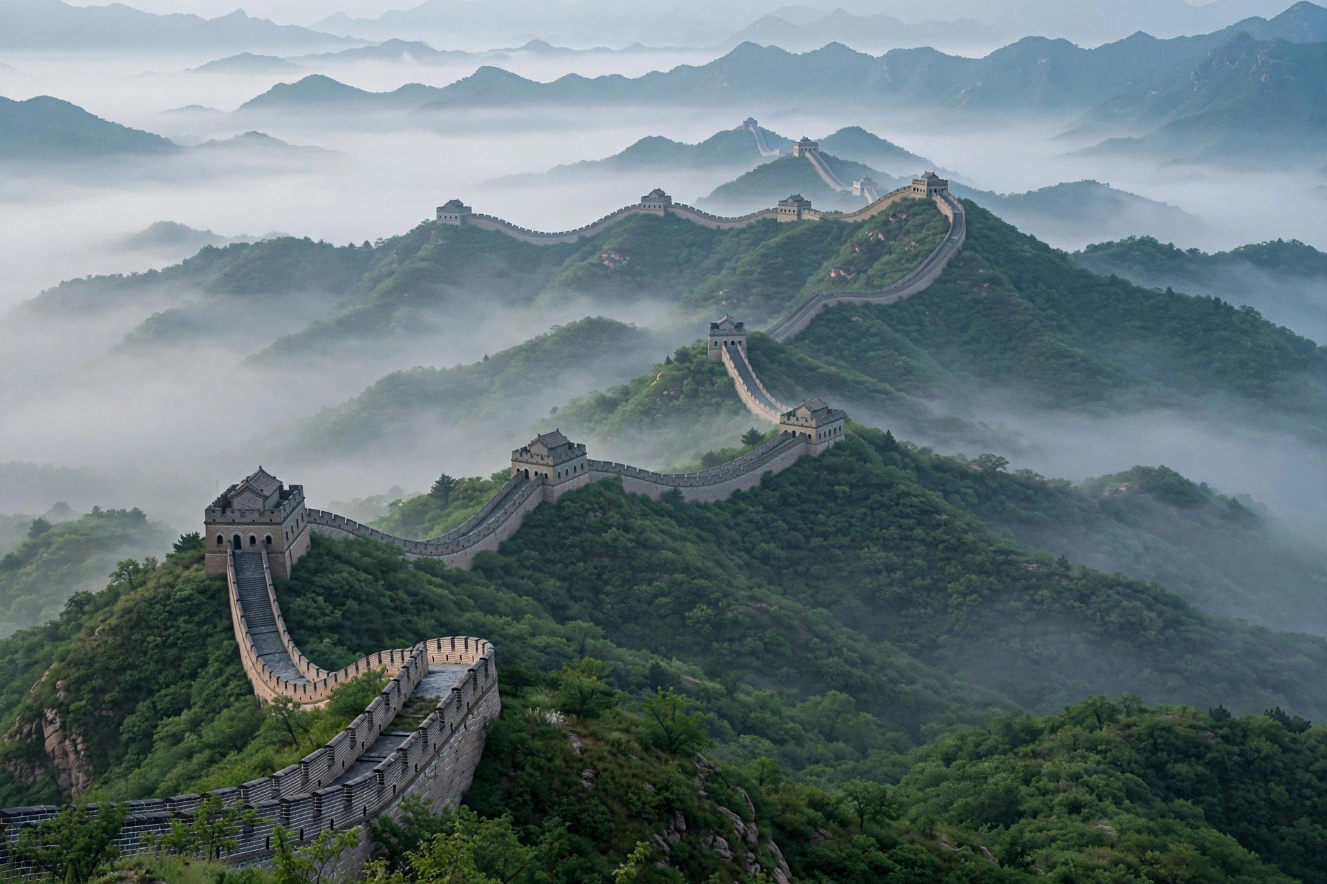 the Great Wall of China winding over mountain ridges
