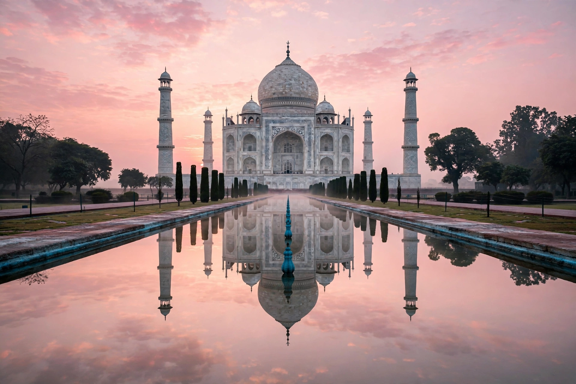 the Taj Mahal reflected in its pool at sunrise