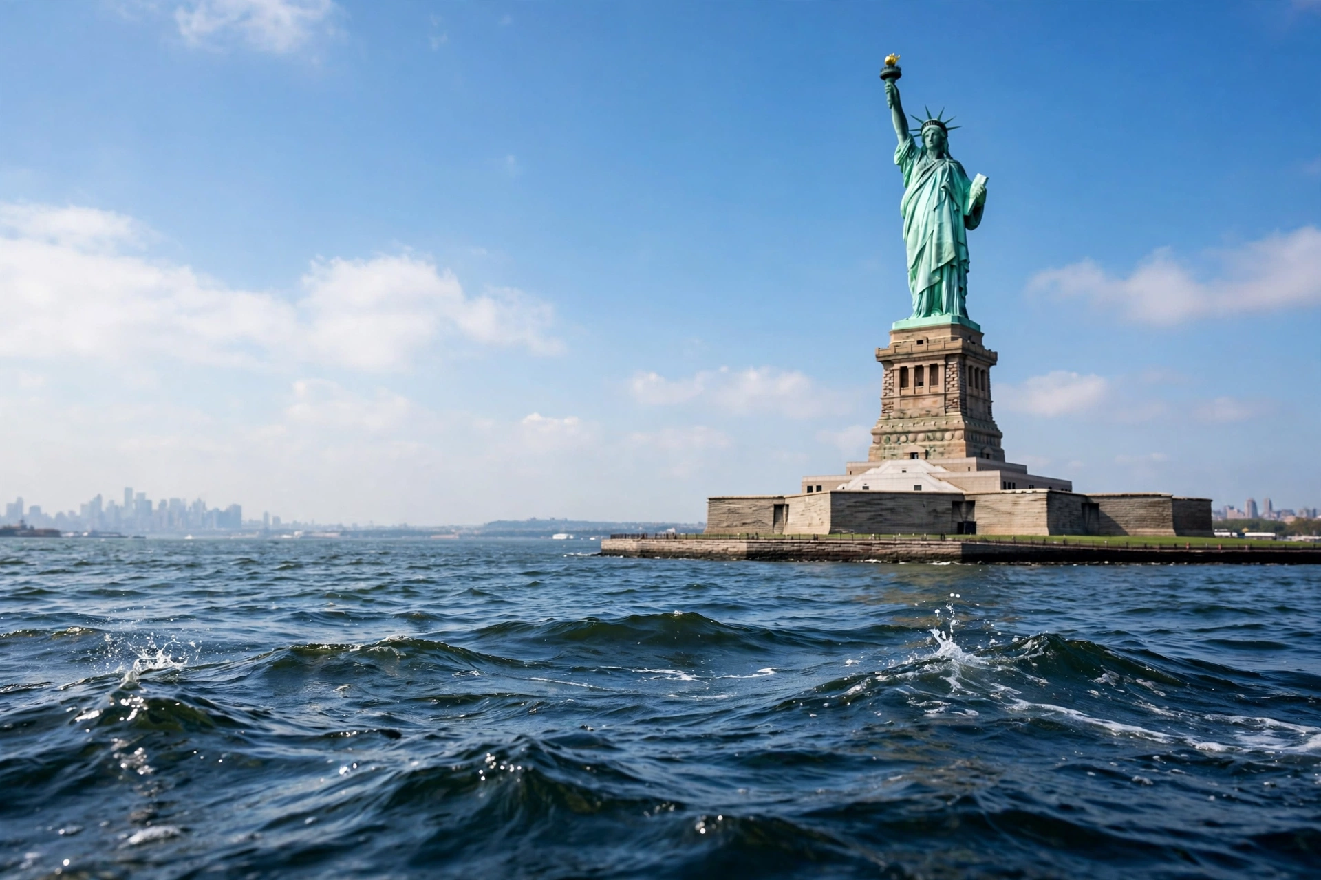 the Statue of Liberty seen from the water