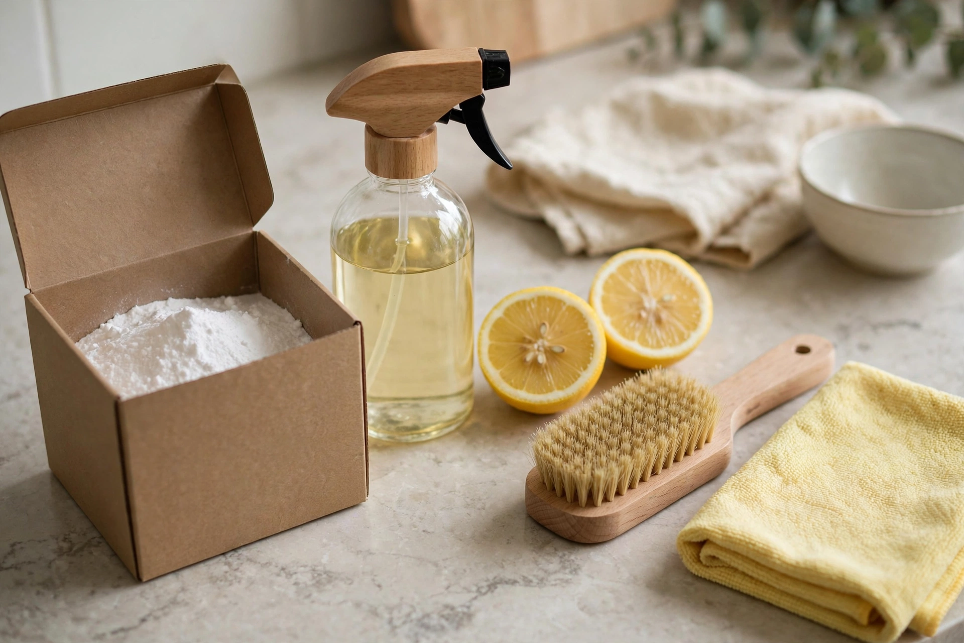 natural oven cleaning supplies on a kitchen counter
