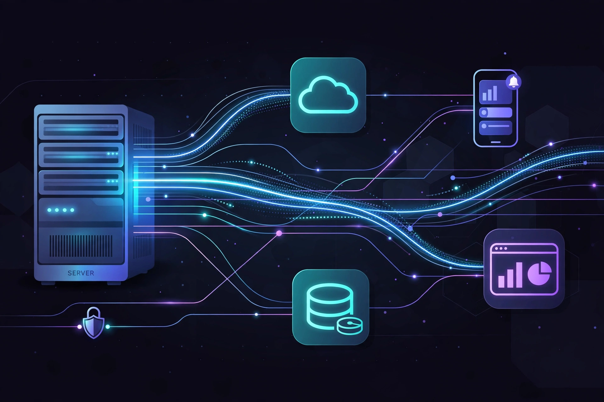 Abstract illustration of data flowing between connected servers and applications