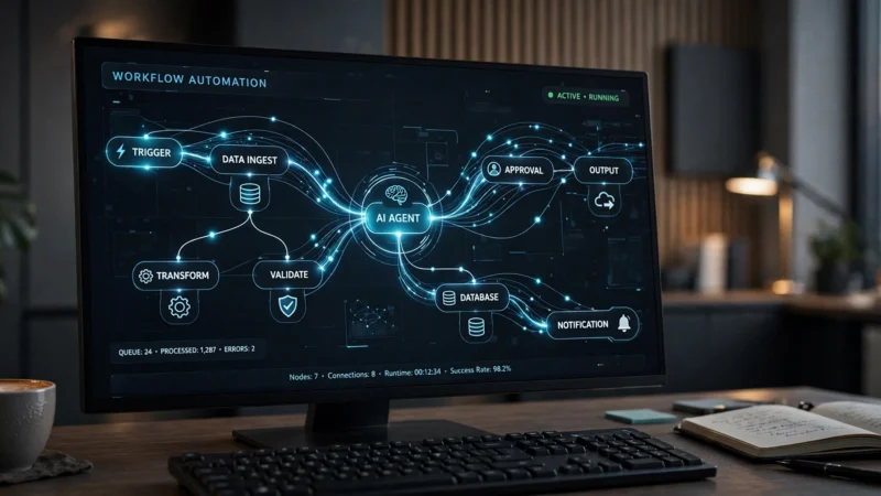 Abstract workflow automation diagram with connected nodes and flowing data on a screen