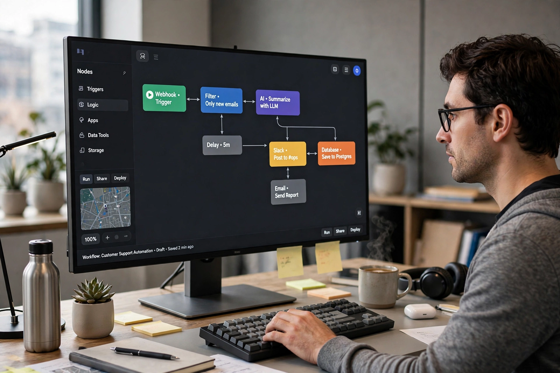 Person building a visual automation workflow with connected nodes on a large monitor — n8n http request node documentation