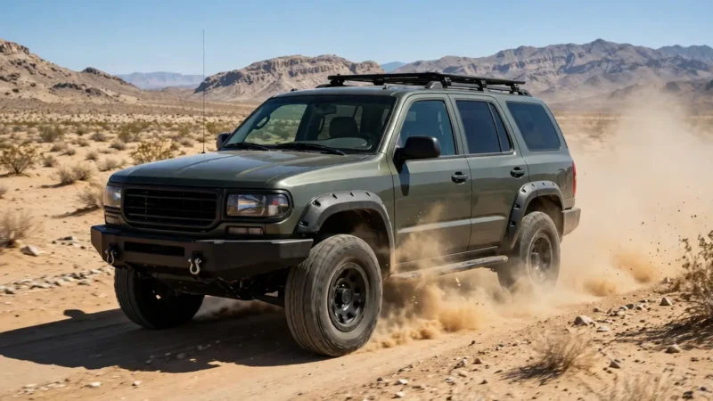 A Nissan Patrol full-size SUV driving on a desert track, showing its large, rugged body shape.
