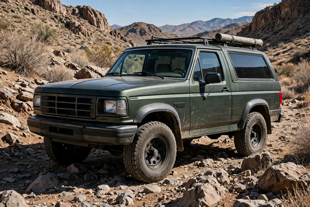 A classic Nissan Patrol Y60 generation SUV parked on rough ground, showing its boxy, rugged design.