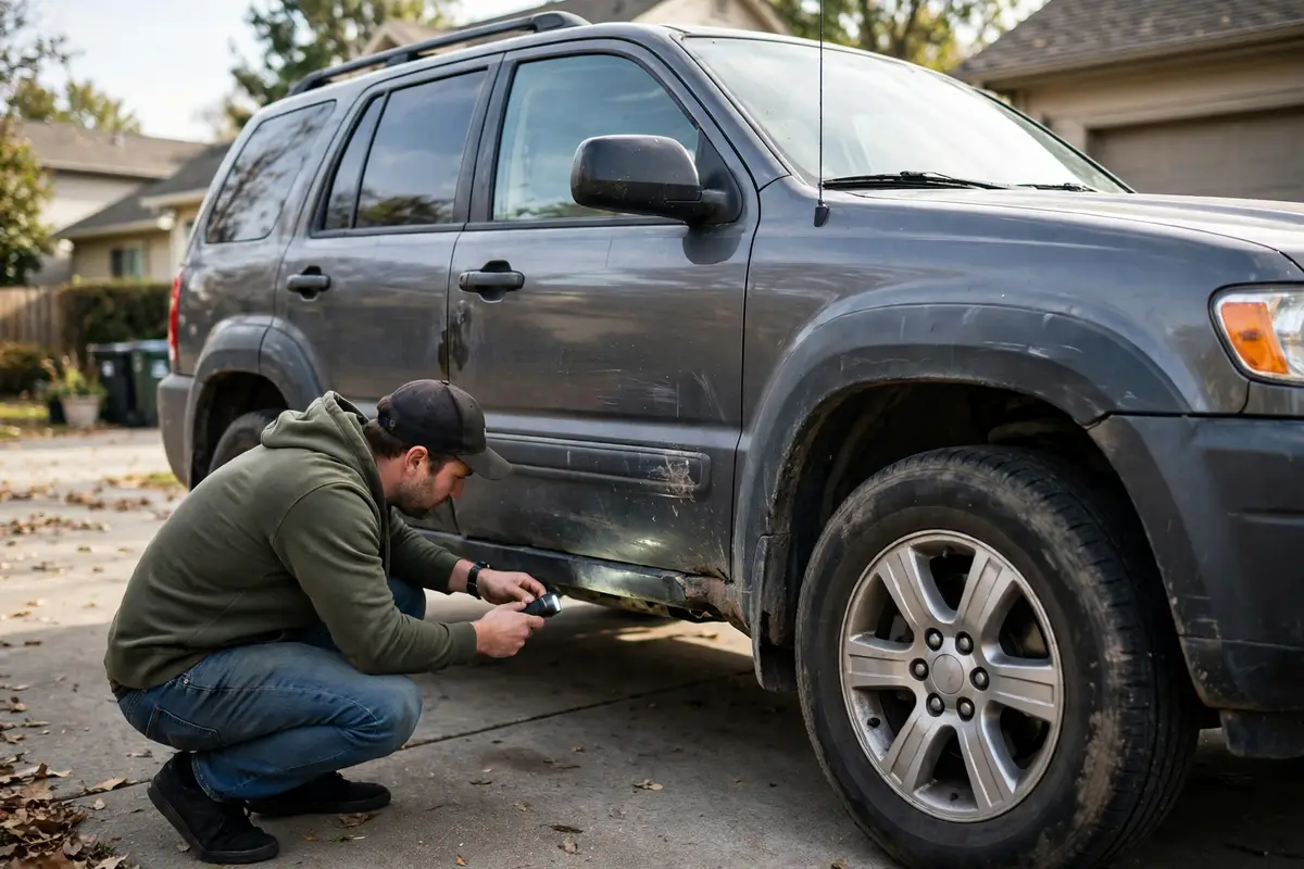 A buyer inspecting a used Nissan Patrol SUV, checking the body and underbody before purchase.