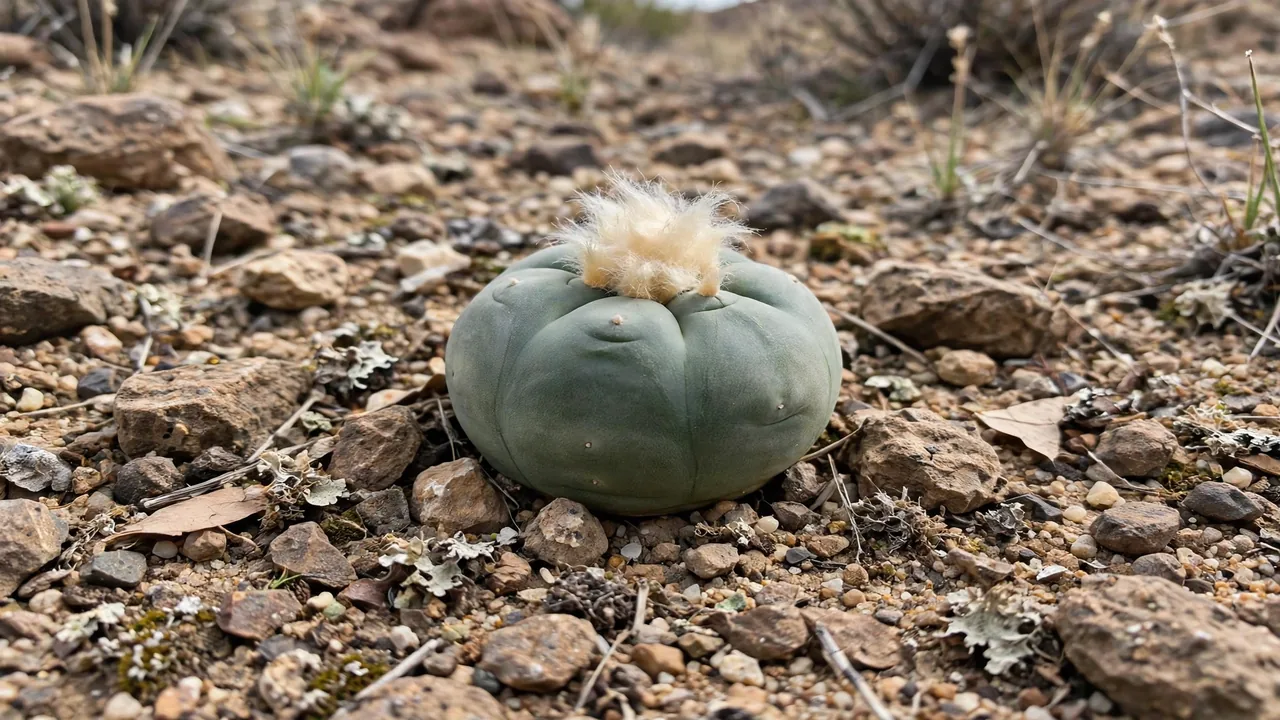 A small spineless peyote cactus growing in rocky desert soil.