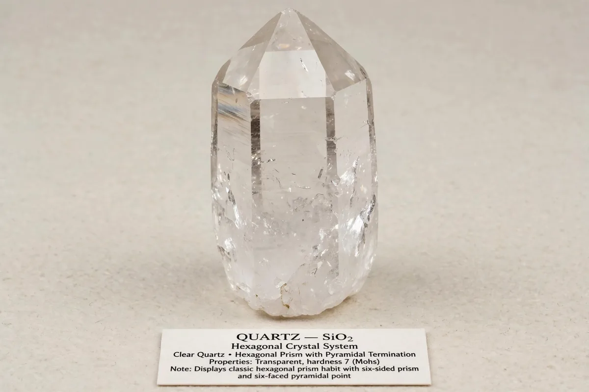 A single transparent quartz crystal showing its natural hexagonal prism shape.