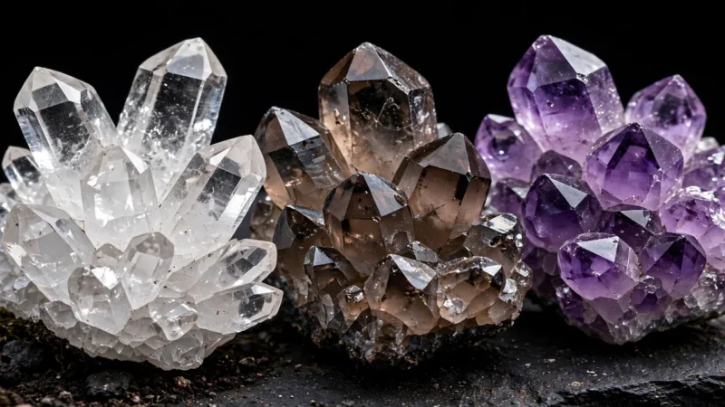 A cluster of quartz crystals in clear, smoky, and amethyst varieties.