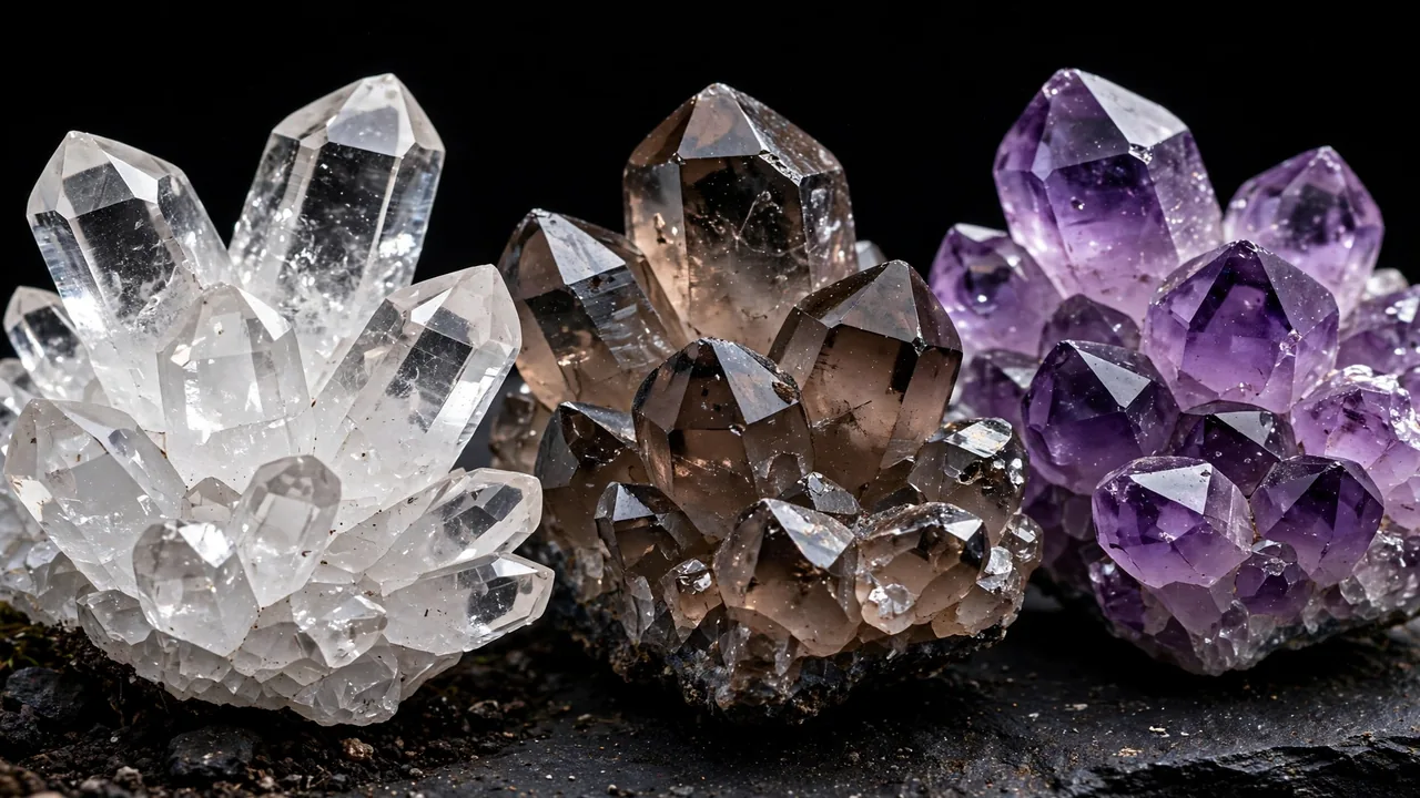 A cluster of quartz crystals in clear, smoky, and amethyst varieties.