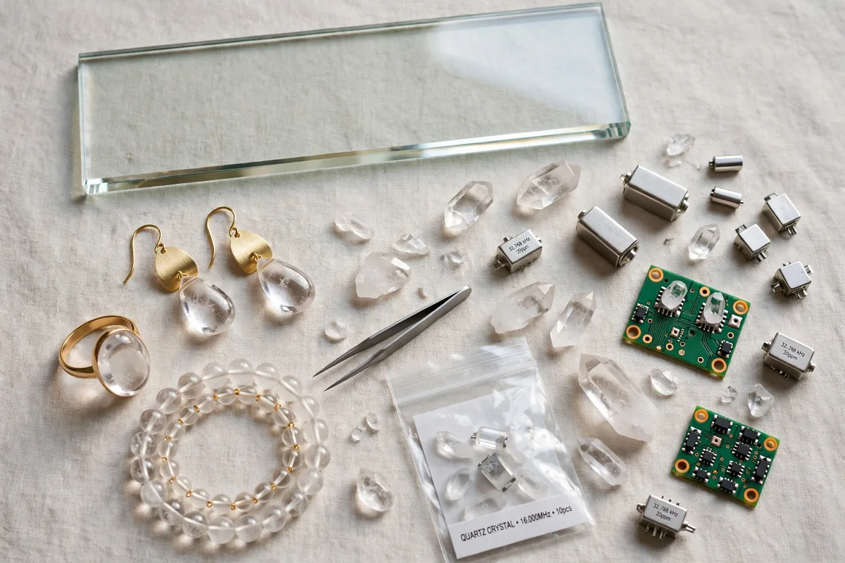 Everyday products made from quartz, including glass, polished gemstones, and electronic parts.