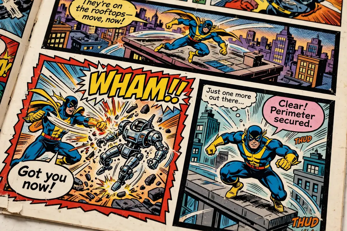 Close-up of a comic book page with colorful action panels, speech bubbles and bold panel borders